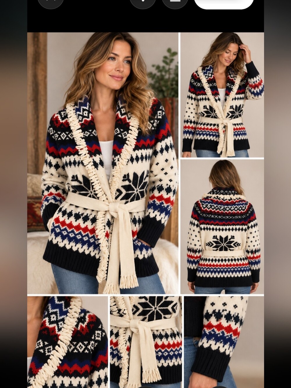 Polo Ralph Lauren Fair Isle Fringe Cardigan Heavy Wool Belted Nordic Sweater L